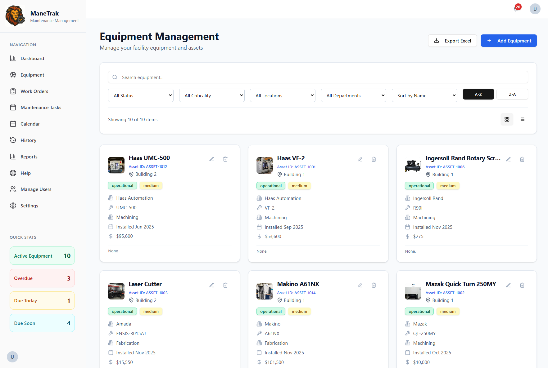 Equipment management interface with card-based directory showing asset photos, specifications, locations, and advanced filtering options